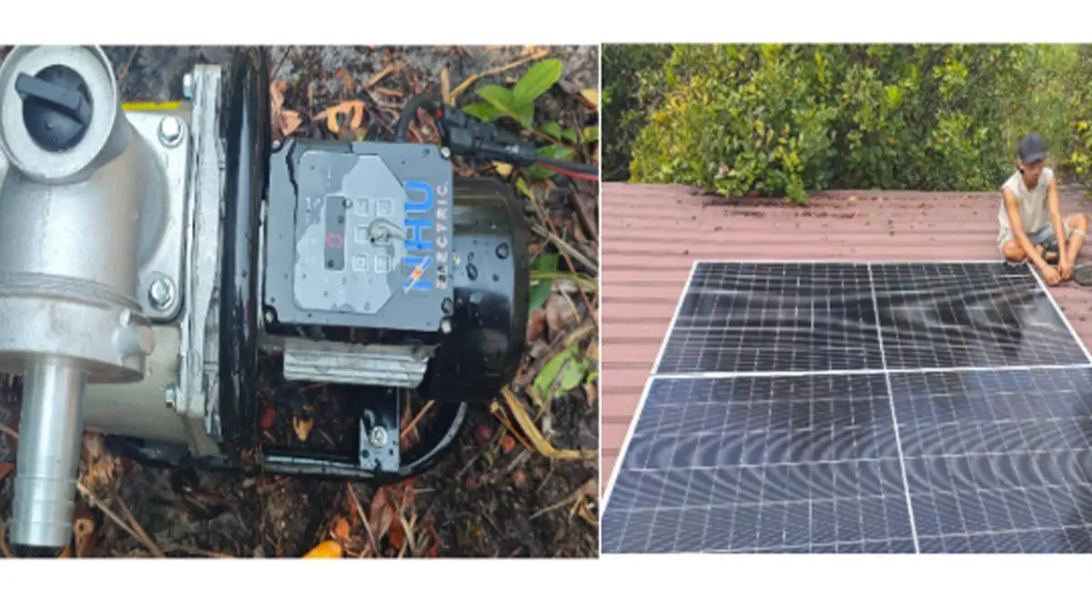 Instalasi pompa air dan panel surya di kawasan pembibitan 
