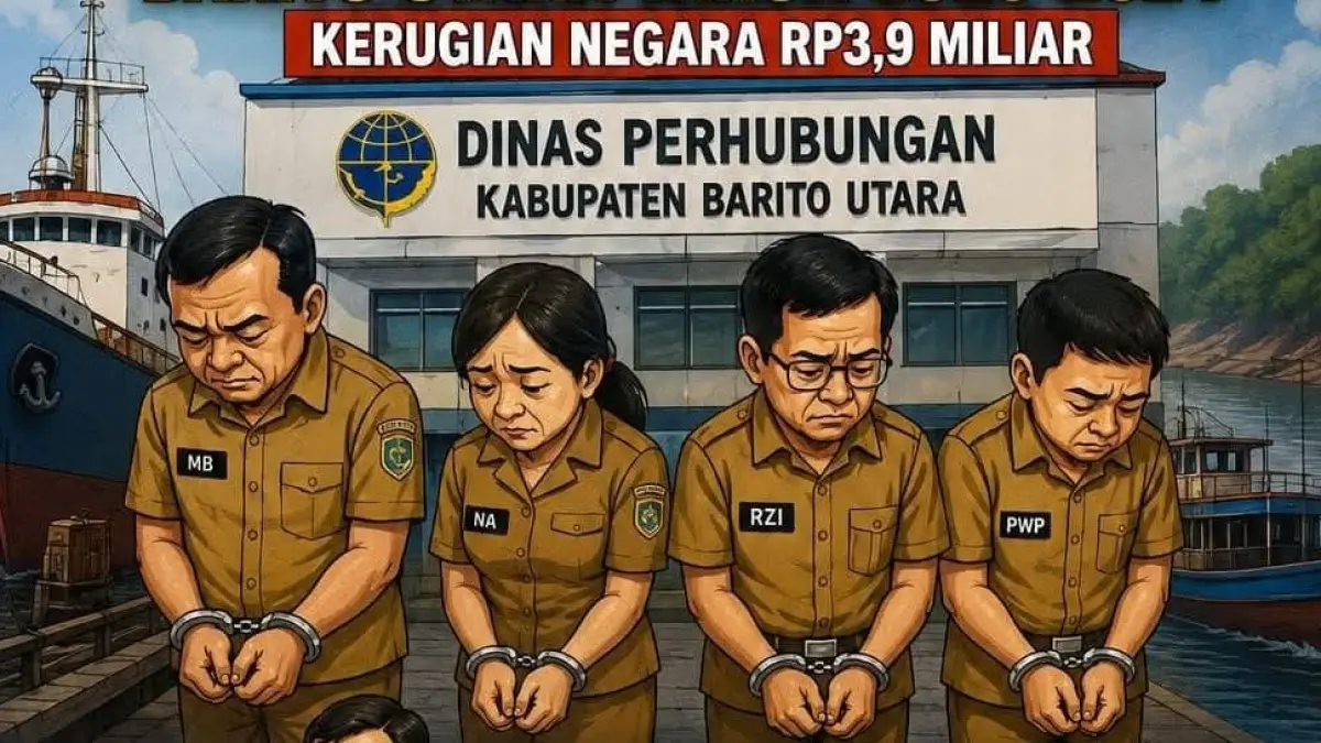 Empat tersangka korupsi retribusi Pelabuhan Barito Utara.(Ilustrasi AI)
