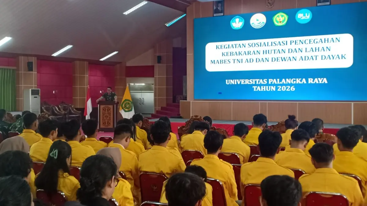 Sosialisasi pencegahan Karhutla oleh Mabes TNI AD dan DAD Kalteng diikuti oleh mahasiswa UPR, Selasa (8/9/2026). FOTO ISMAIL/KALTENGPOS.JAWAPOS.COM