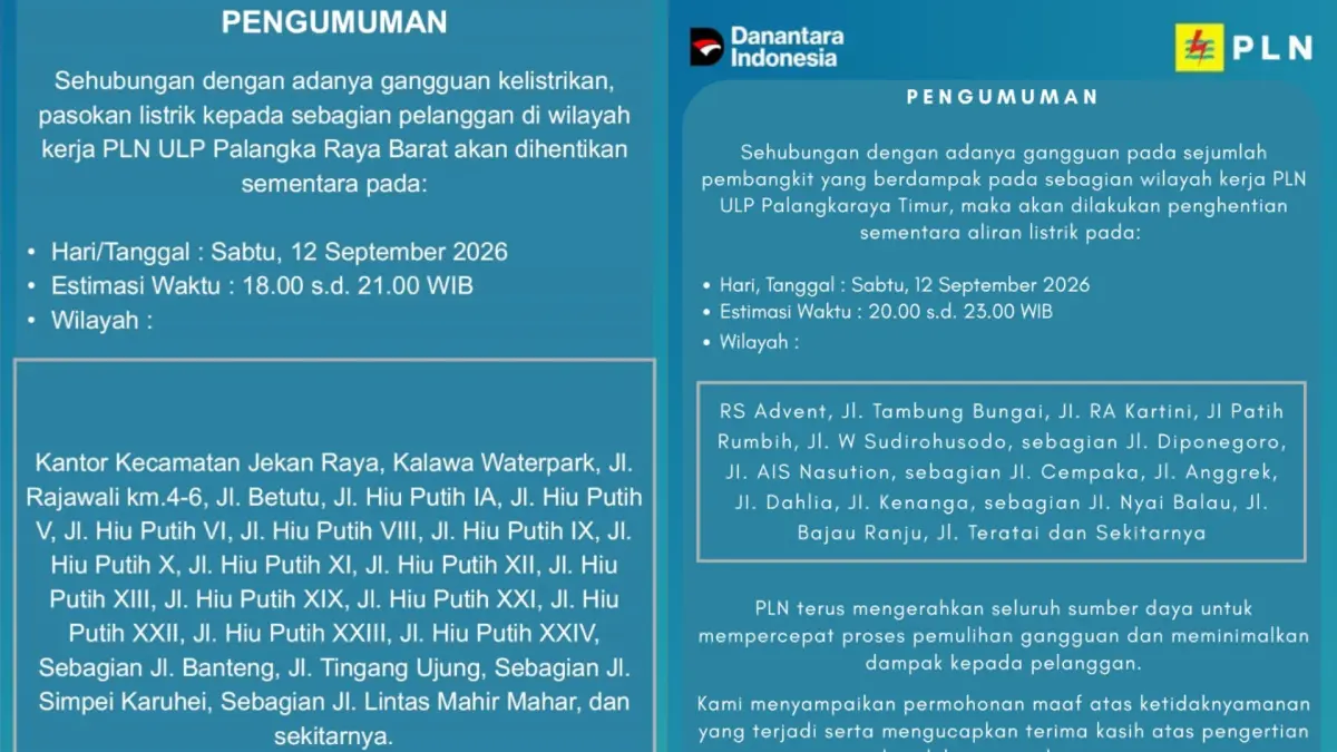 Jadwal pemadaman listrik wilayah Kalselteng