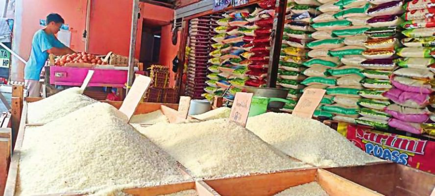 Pedagang beras ketika menunggui dagangannya di Pasar Kahayan, baru-baru ini.  Beberapa pelaku usaha distribusi perdagangan yakni pedagang pengepul, distributor, pedagang grosir, supermarket/swalayan, dan pedagang eceran.