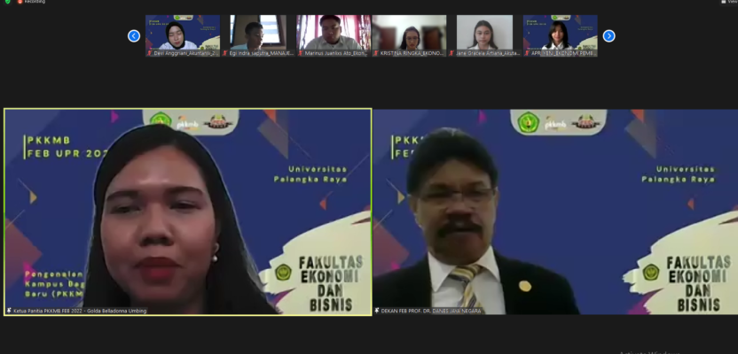 PENGENALAN KAMPUS  : Dekan Fakultas Ekonomi dan Bisnis UPR Prof Danes Jaya Negara (kanan) saat memberikan pembekalan pada kegiatan PKKMB secara daring, Senin (8/8).