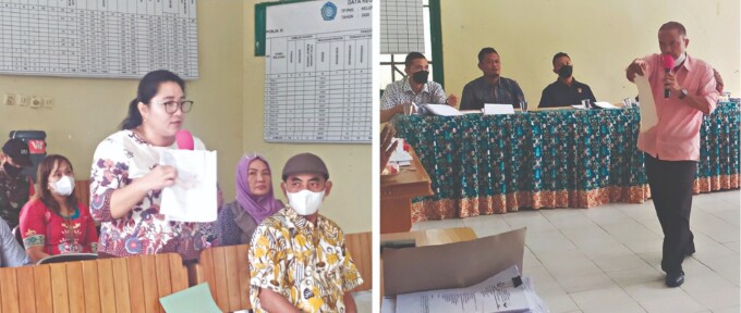 ADU BUKTI: Foto kiri, Warga bernama Rita menunjukkan dokumen legalitas berupa SHM tanah miliknya yang juga diklaim Singkang. Foto kanan, Singkang (berdiri) ketika mediasi dengan kubu Akhmad Taufiq di Aula Kelurahan Menteng, Kamis (9/2/2023). FOTO: AKHMAD