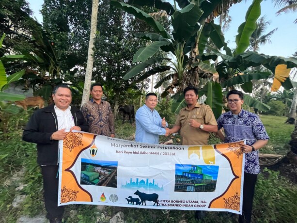 SERAHKAN : COO PT CBUT Mr. Magedona Benn Aegedius didampingi Finance Controller PT CBUT Cahyo Widodo, Manager HRD Christianda Ginting & CSR Officer Restu Putra Tegar menyerahkan hewan kurban ke Kades Kumai Hulu Jupriyanto.