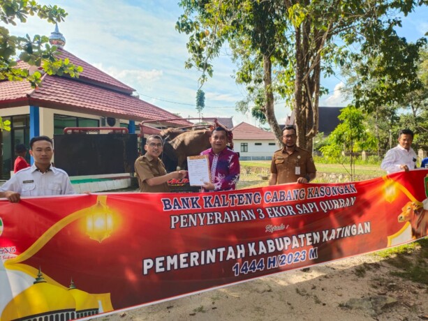 BANTUAN : Asisten I Setda Katingan H Hariawan menerima bantuan hewan kurban dari perbankan yang diserahkan Pimpinan Bank Kalteng Cabang Kasongan Empas S Umar di halaman Kantor Bupati Katingan, Selasa (27/6).