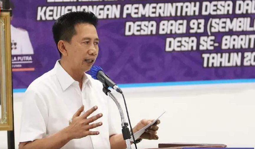 PENUTUPAN PELATIHAN : Bupati Barito Utara H Nadalsyah menyampaikan sambutan saat penutupan pelatihan laporan pertanggungjawaban APBDes, sosialisasi perpajakan dan pencegahan peyalahgunaan kewenangan pemerintah desa dalam pengelolaan keuangan desa dan BPD
