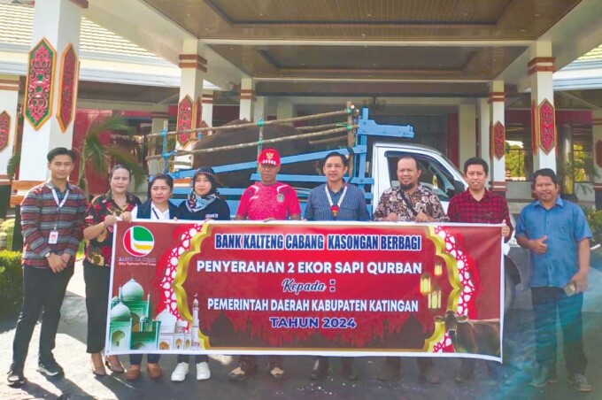 PENYERAHAN : Pimpinan Bank Kalteng Cabang Kasongan Hendra Loren ketika menyerahkan sapi kurban untuk kepada Pemkab Katingan yang diterima oleh Sekda Kabupaten Katingan Pransang di halaman Kantor Bupati Katingan, Jumat (14/6).