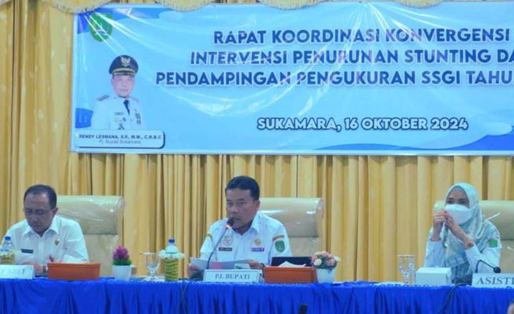 MENGIKUTI : Pj Bupati Sukamara, Rendy Lesmana, saat mengikuti Zoom Rakor Konvergensi Intervensi Penurunan Stunting, di Aula Kantor Bappeda Sukamara, Rabu (16/10/2024).