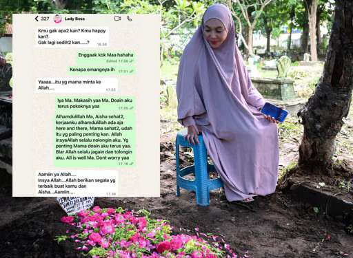 Denada saat berada di makam sang ibunda, inset foto chat WA terakhir dengan Emilia Contesa.