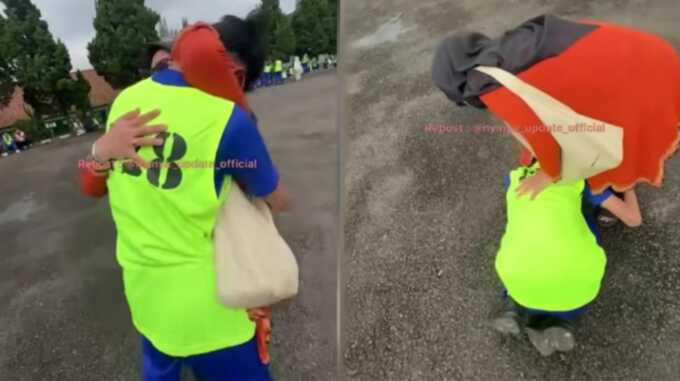 Momen salah satu anak sujud di kaki ibunya usai menjalani pendidikan di barak militer.