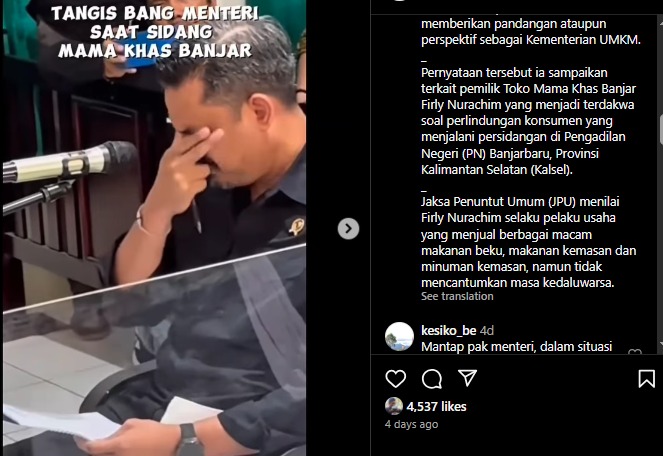 Tangkapan layar Menteri UMKM Maman Abdurrahman saat menangis pada sidang Toko Mama Khas Banjar.