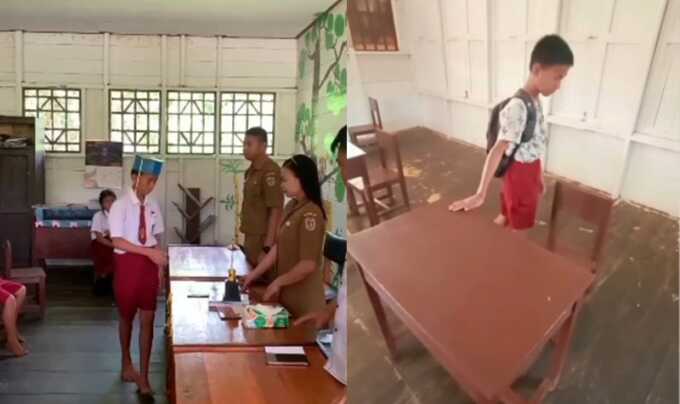 Momen seorang murid menjalani prosesi perpisahan tahun 2025 di SDN Rangan Bahekang, pedalaman Kabupaten Katingan.