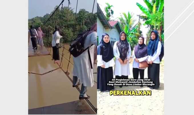 Beberapa guru di SD 117 Simpang Limbur, Kabupaten Merangin, Jambi melalui jembatan gantung rusak yang berujung klarifikasi dan minta maaf.
