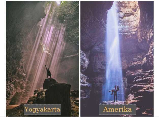 Goa Jomblang di Gunung Kidul dan Stephens Gap, Alabama, Amerika Serikat.