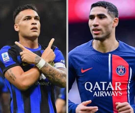 Pemain Inter Milan Lautaro martínez dan pemain PSG Achraf Hakimi. Keduanya akan berjumpa di Final Liga Champions 2025.