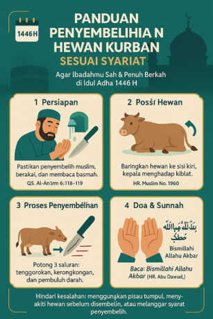 Infografis edukatif yang menjelaskan tata cara penyembelihan hewan kurban sesuai syariat Islam untuk Idul Adha 1446 H.