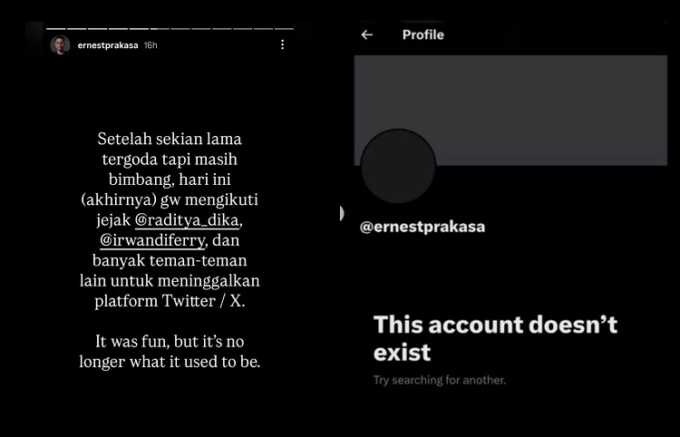 Tangkapan layar penutupan akun X Ernest Prakasa usai kritik pemberian jam mewah.