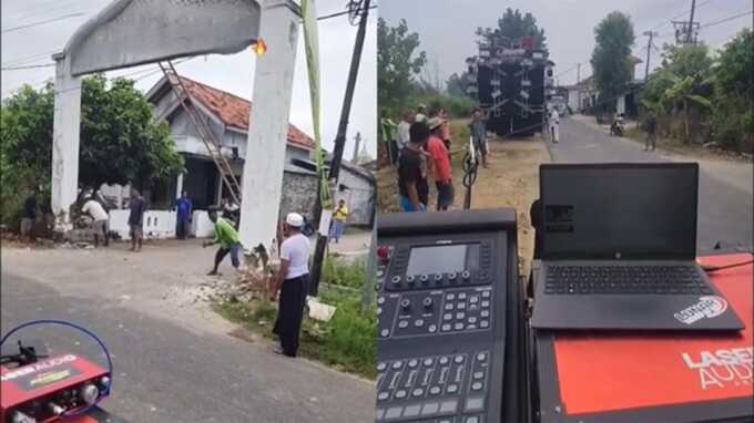 Warga bongkar gapura agar sound horeg bisa lewat.