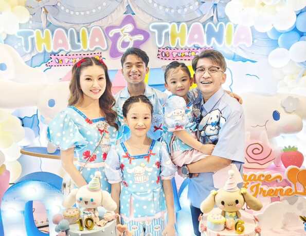 Ruben Onsu menghadiri pesta ulang tahun Thalia dan Thania.