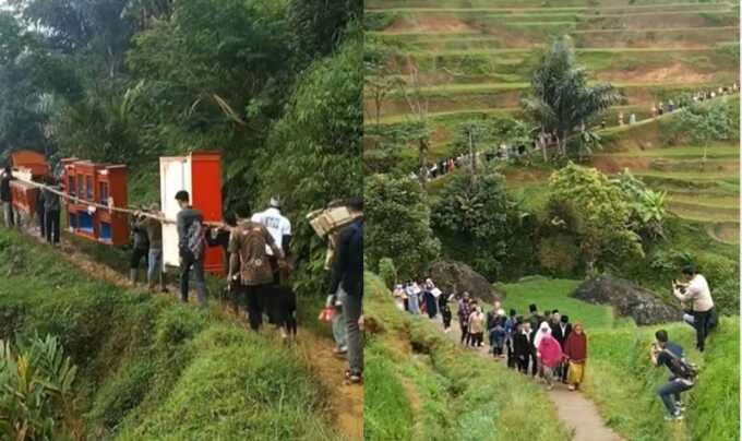 Tangkapan layar video memperlihatkan rombongan mempelai pria membawa seserahan menuju rumah pengantin wanita.