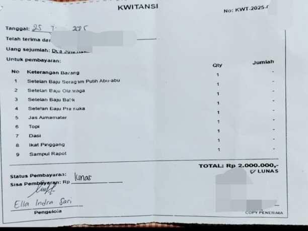 Bukti bayar pengadaan seragam siswa.