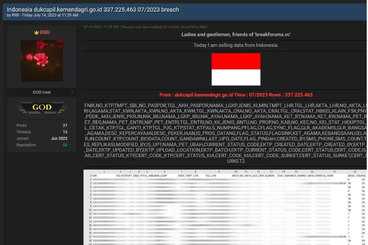 Ilustrasi: 337 juta data Dukcapil diduga bocor dan dijual di Dark Web. (Twitter @secgron )