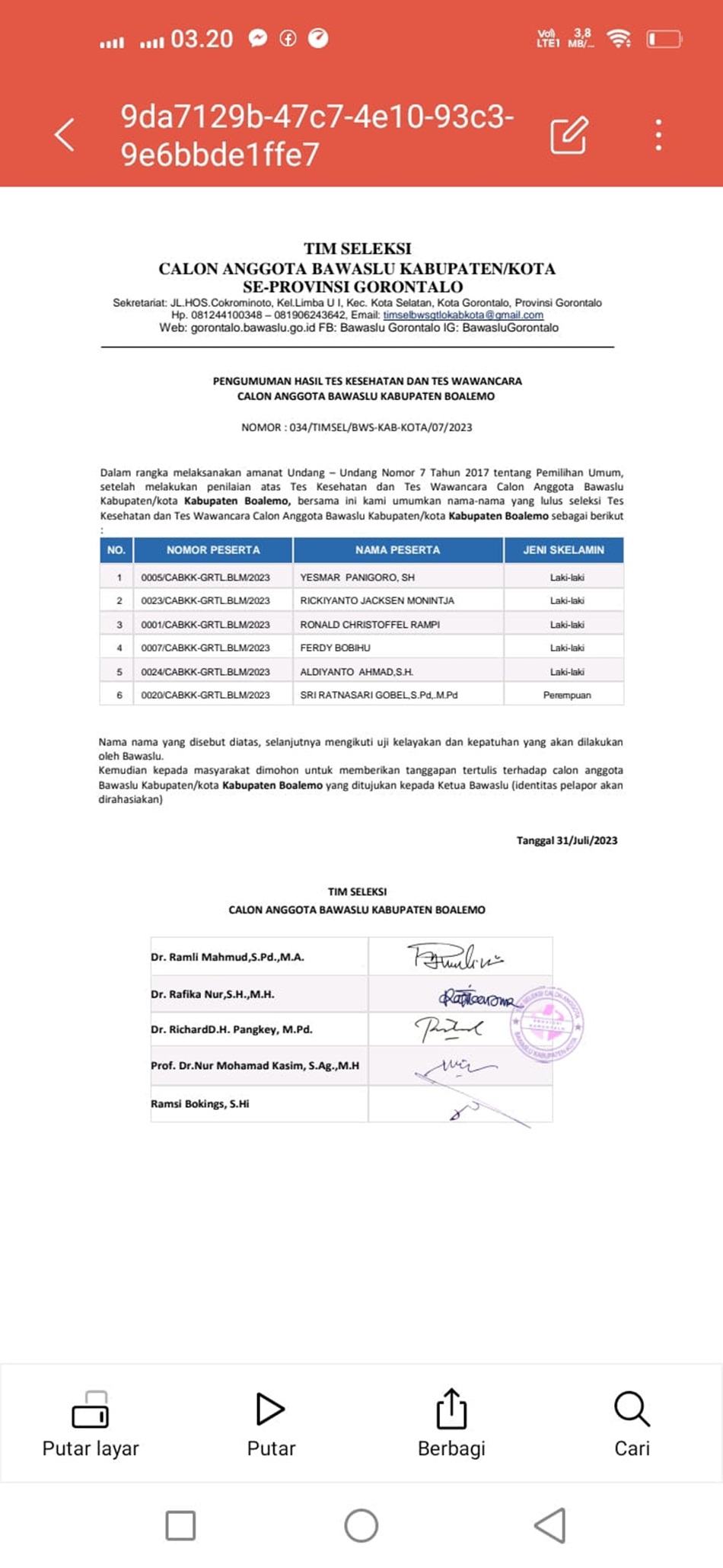 daftar pengumuman Timsel bawaslu   Nomor :034/Timsel/BWS-Kab-Kota/07/2023 yang ditandatangani Timsel(Istimewa)