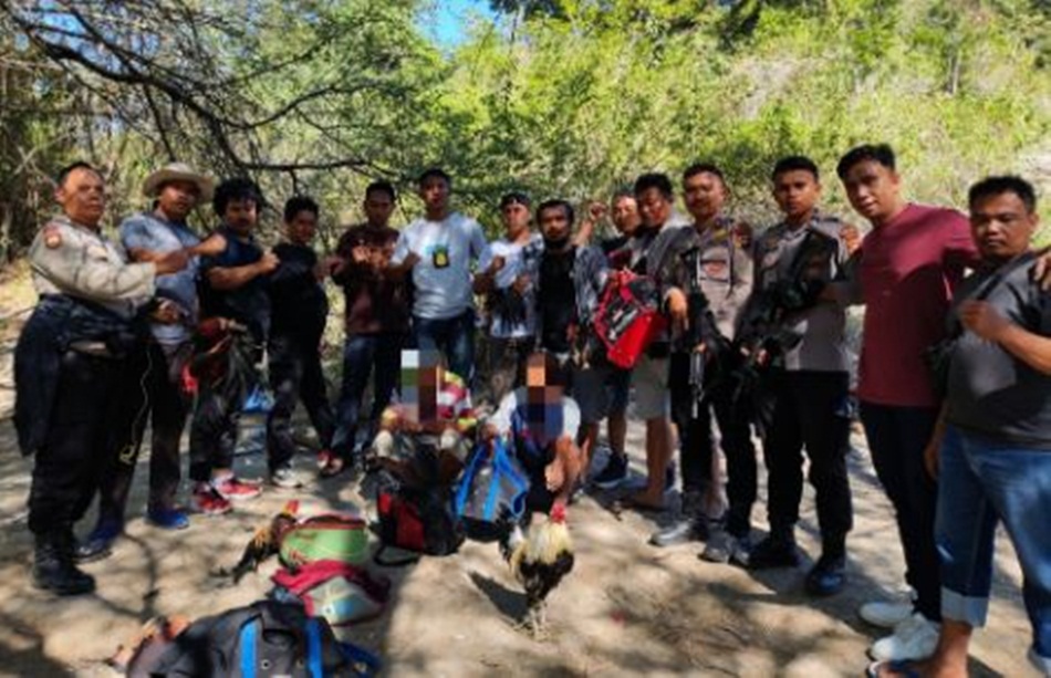 Tim gabungan Polres Bone Bolango Provinsi Gorontalo mengamankan warga dan barang bukti judi sabung ayam. (Hms-pol).