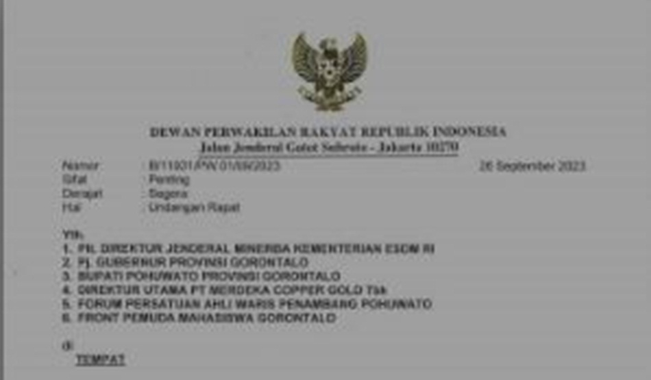 surat panggilan RDP DPR RI kepada pihak-pihak yang akan dihearing (F:istimewa)