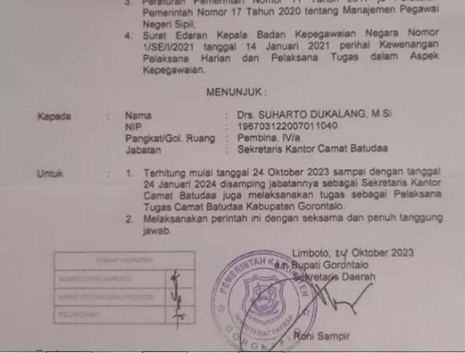 Surat penunjukan Sekretaris Kantor Camat Batudaa menjadi Plt Camat Batudaa Kabupaten Gorontalo.(F:ist)