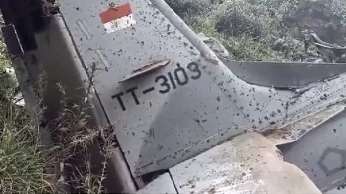 Puing pesawat tempur milik TNI AU TT-3103 yang menabrak tebing di utara area Pegunungan Tengger, Desa Keduwung, Kecamatan Puspo, Pasuruan, Kamis (16/11/2023). (Twitter/X)