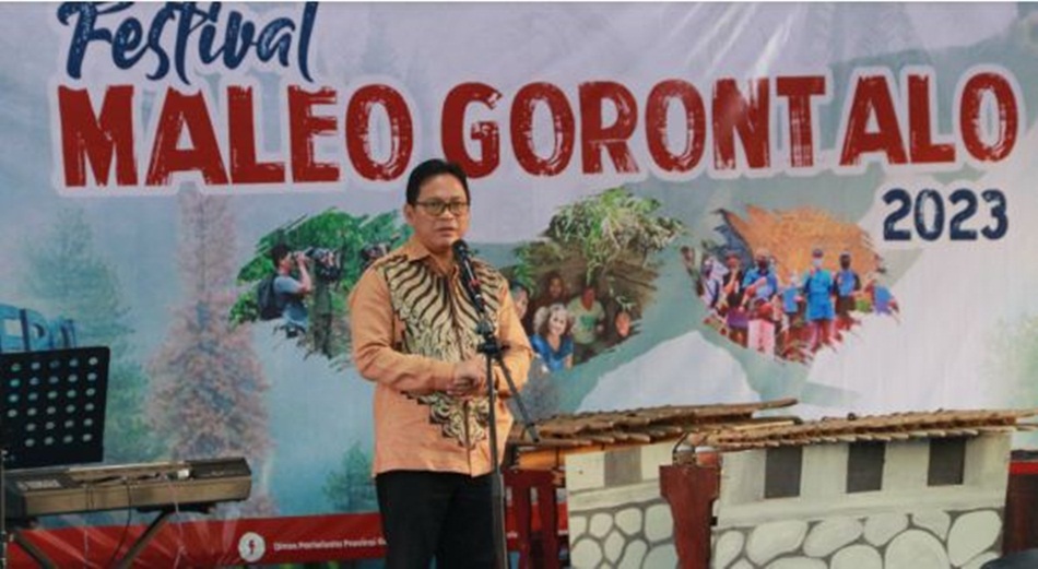 Kepala Dinas Pariwisata Provinsi Gorontalo Aryanto Husain, saat sambutan pembukaan festival Maleo 2023.(F:hms-Kmfo)