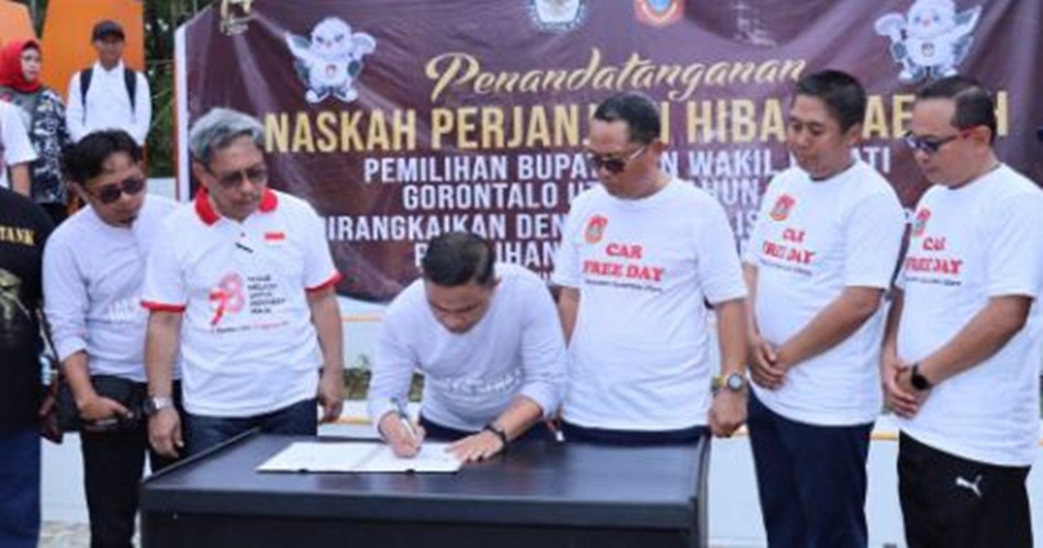 Penandatanganan NPHD anggaran Pilkada Tahun 2024 Gorontalo Utara . (F:hms-pol)