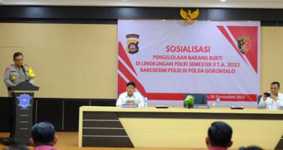 Sosialisasi pengelolaan Barang Bukti di Lingkungan Polri yang dilaksanakan Aula Dit  Lantas Polda Gorontalo.(F:Hms-Pol)