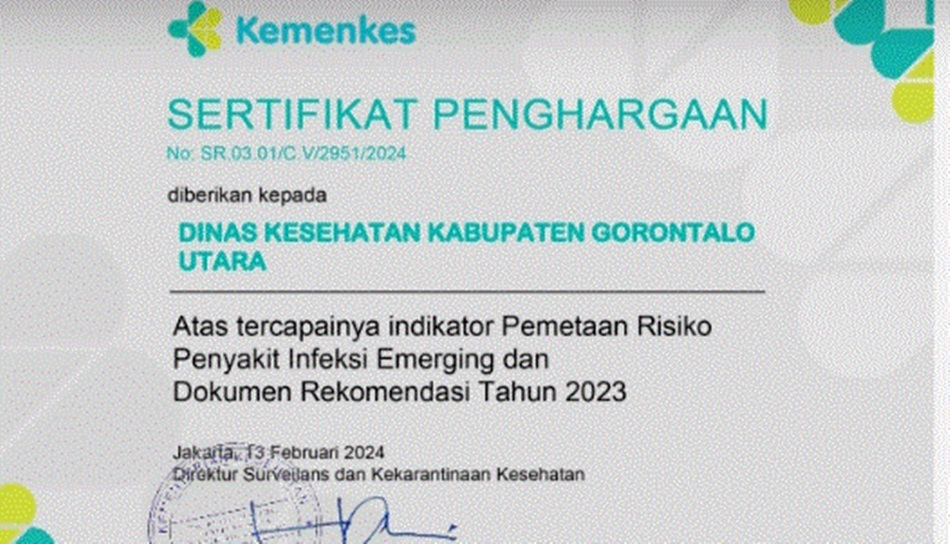 Penghargaan yang diterima Dikes Gorut  atas Tercapainya Indikator Pemetaan Risiko Penyakit Infeksi Emerging oleh Kementerian Kesehatan Tahun 2023. (F:Kmfo).