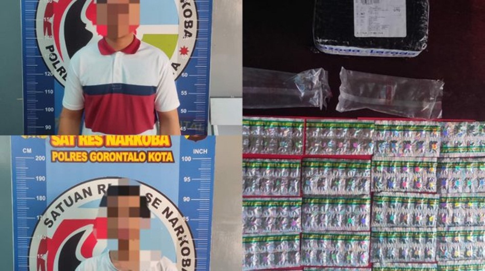Kedua pelaku dan  ratusan butir obat keras tanpa Resep Dokter saat diamankan Polresta Gorontalo Kota. (F:Hms-Pol)