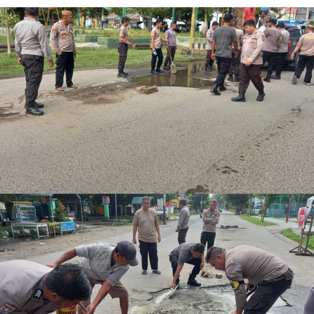 Jalan Berlubang tepatnya jalan Pasar Minggu Suwawa Kabupaten Bone Bolango Ditampal oleh anggota Polsek Suwawa dalam rangka. menjelang mudik lebaran