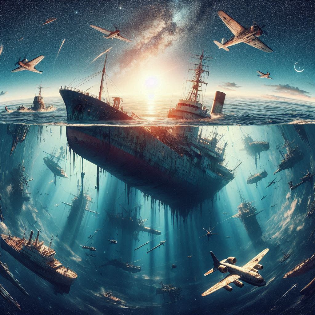 Ilustrasi kapal dan pesawat yang hilang di segitiga bermuda