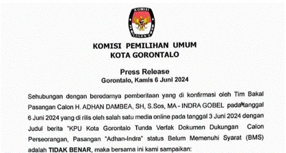 Pres Rilis yang disampaikan KPU Kota Gorontalo.(F:Humas)