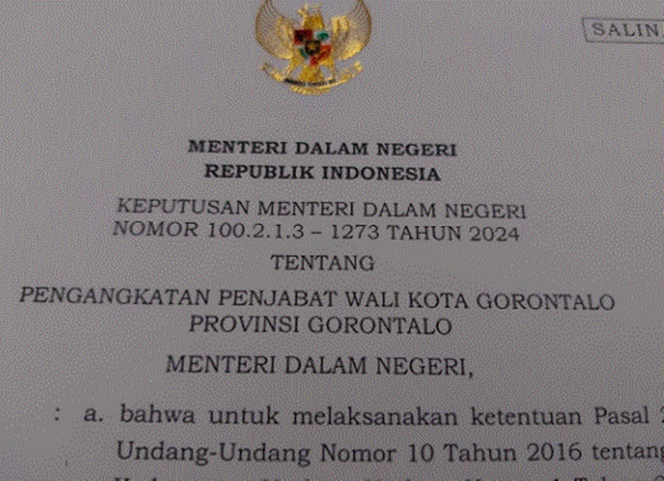 SK Menteri Dalam Negeri untuk penunjukan Pj Wali Kota Gorontalo. (F:istimewa)