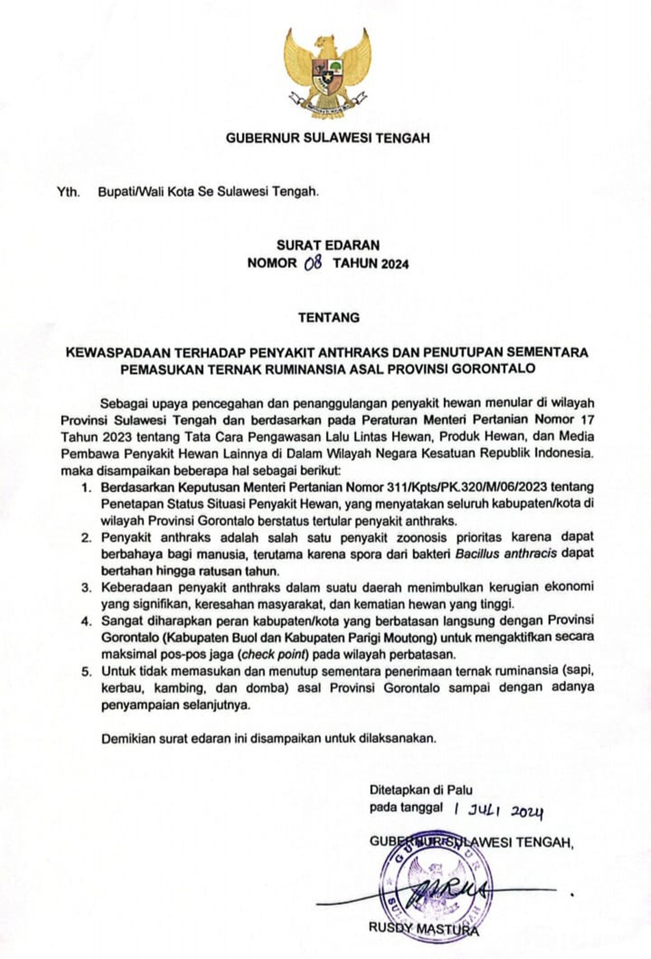Surat edaran Gubernur Sulteng tentang  penutupan sementara Pemasukan Ternak Ruminansia Asal Provinsi Gorontalo (F:Istimewa)
