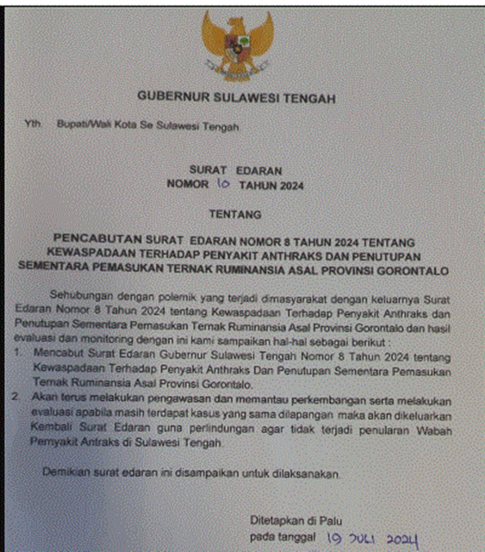 Surat Edaran (SE) terbaru yang dikeluarkan oleh Gubernur Sulawesi Tengah. (Foto: istimewa)