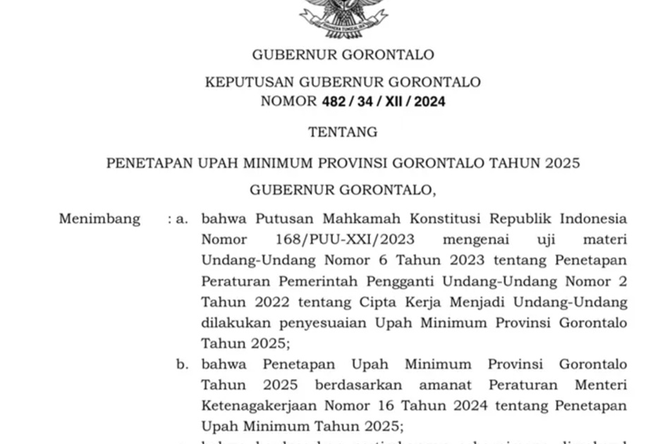 SK Gubernur penetapan UMP tahun 2025.(F:Dok)