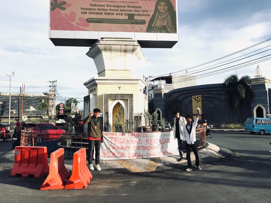 HMI Cabang Limboto Komisariat Hukum dan Komisariat Ekonomi terkait peredaran rokok ilegal.(Foto:ist)