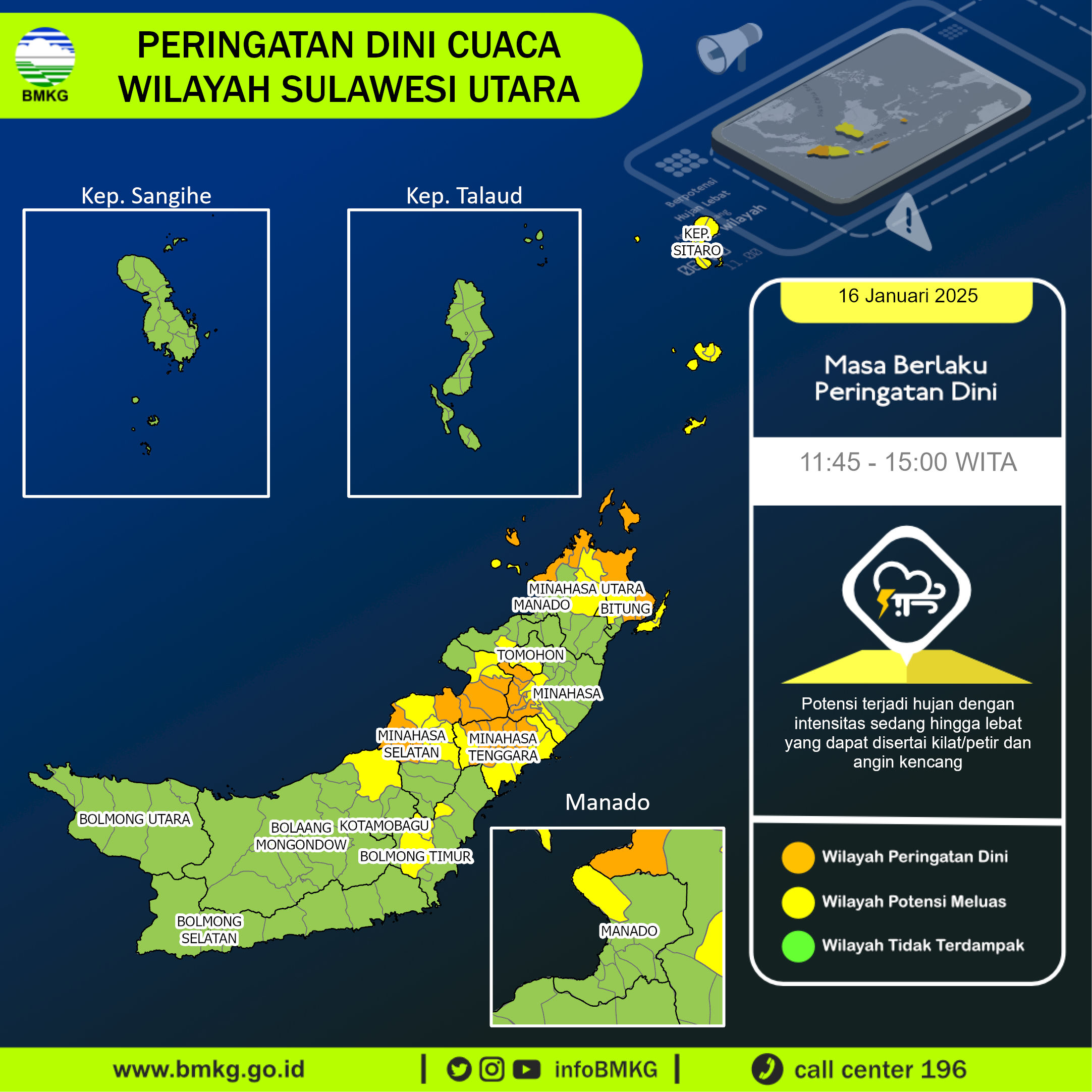 Hujan dengan intensitas tinggi berpotensi terjadi di beberapa daerah di Sulawesi Utara