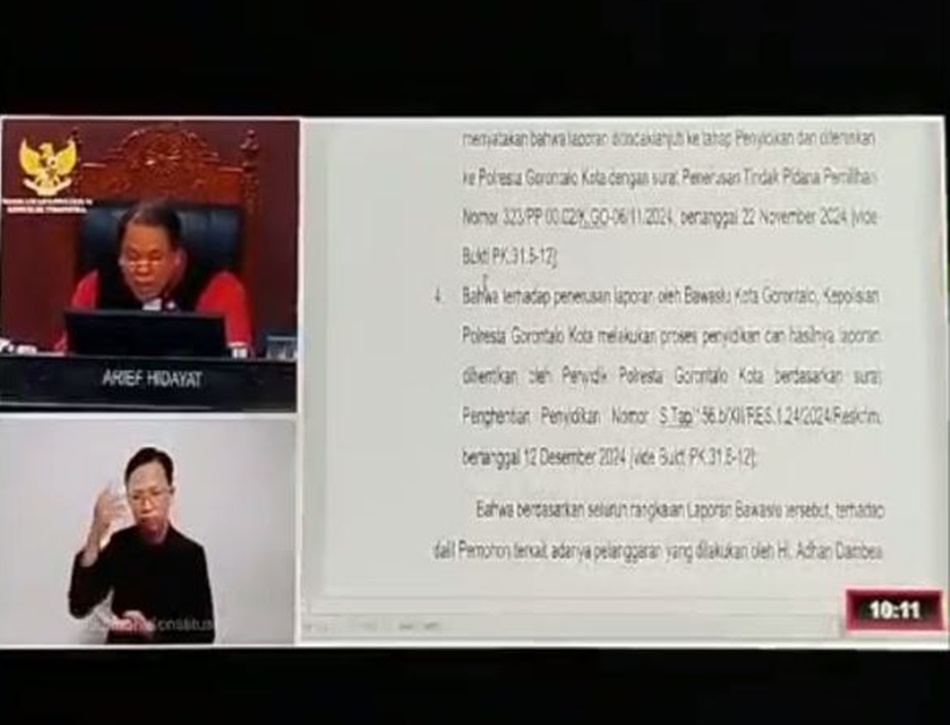 MK saat membacakan putusan atas gugatan Pilwako Kota Gorontalo.(F:tangkapan layar video putusan MK)