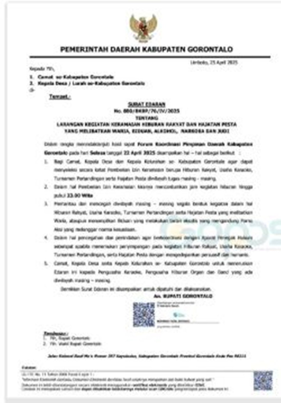 Surat edaran Bupati Gorontalo soal laranga Waria tampil di hajatan (F:Ist)