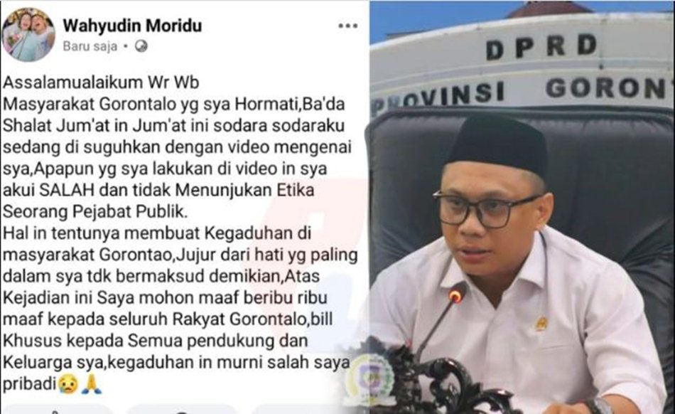Anggota DPRD Provinsi Gorontalo dari PDI Perjuangan,  Wahyudin Moridu dalam  klarifikasinya di akun pribadinya. (F: Ist)