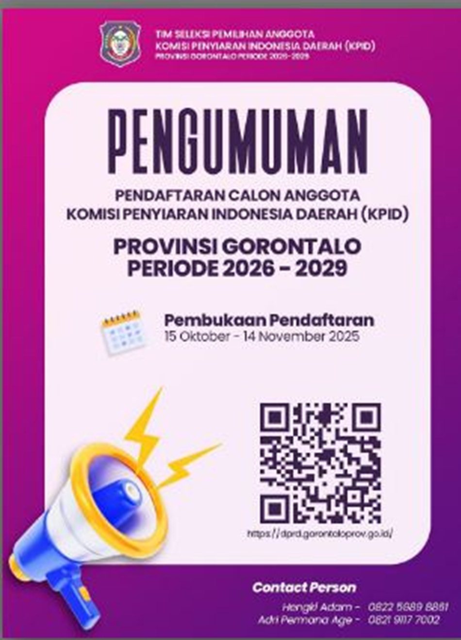 KPID Provinsi Gorontalo resmi membuka pendaftaran calon komisioner baru untuk periode 2026&ndash;2029.(F:HMS)