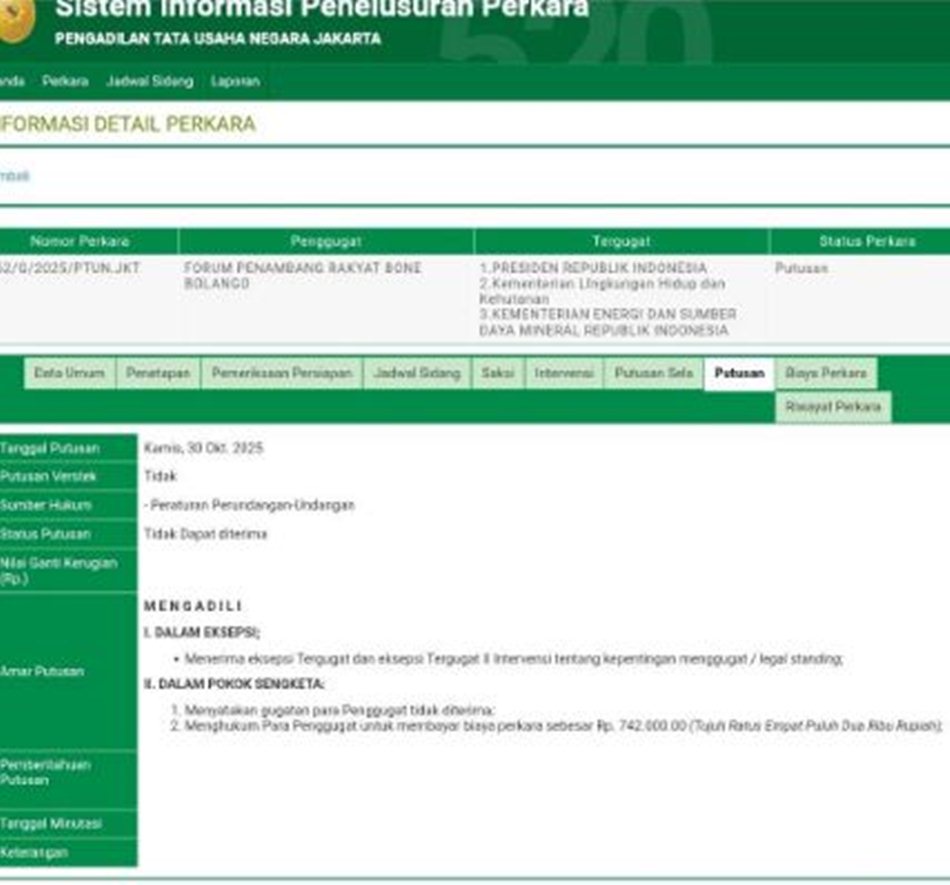 Web putusan Pengadilan Tata Usaha Negara (PTUN) Jakarta.(F:Ist)
